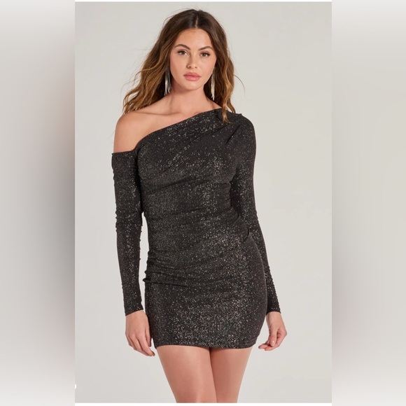 Windsor Glitzy Era Asymmetrical Long Sleeve Glitter Mini Dress One-Shoulder S - Picture 3 of 6
